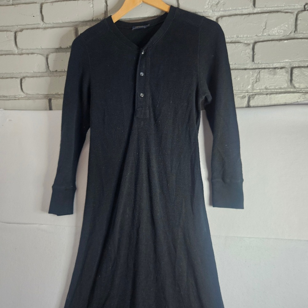 Polo Ralph Lauren Black Thermal Waffle Knit Henley Midi Dress Long Sleeve Large